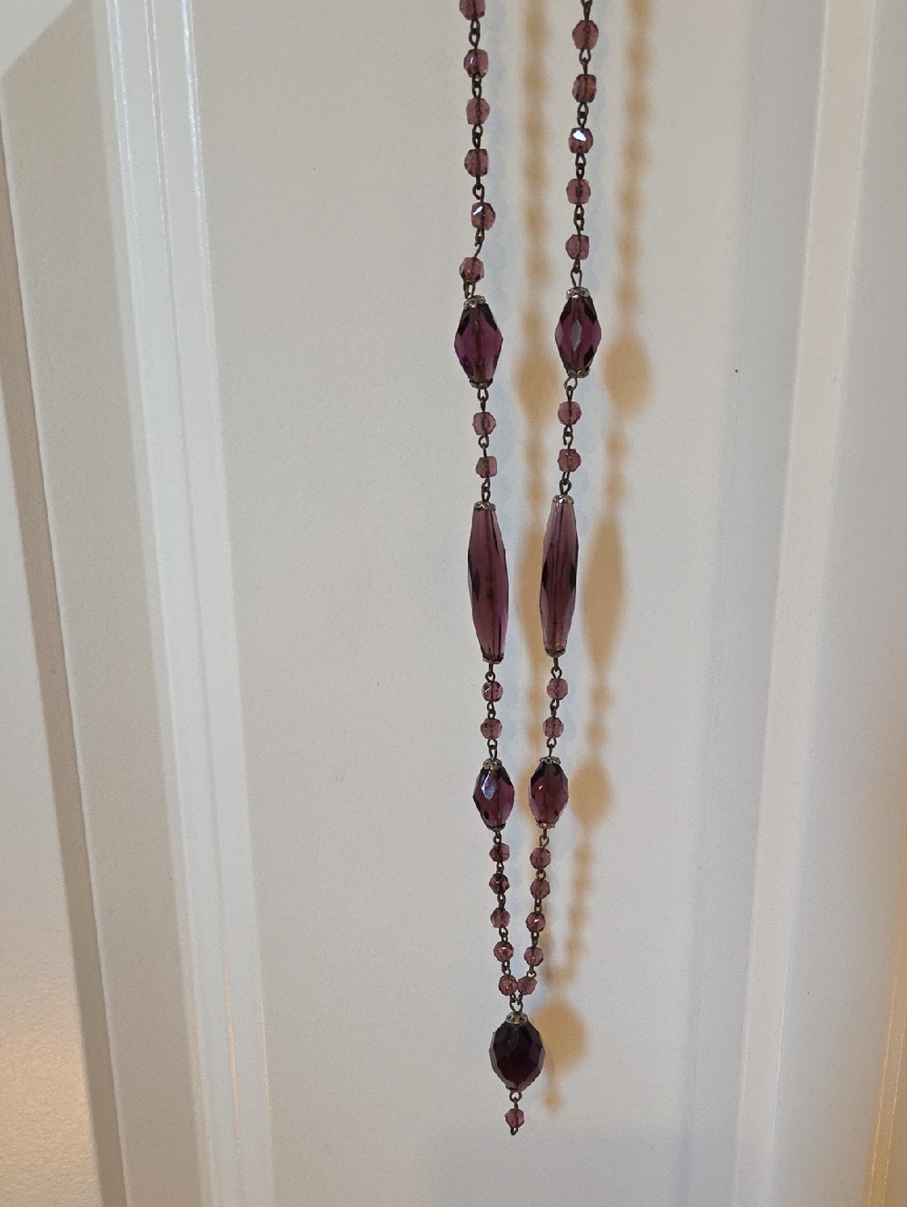 Vintage amethyst glass station necklace, purple faceted bead necklace, 16" long